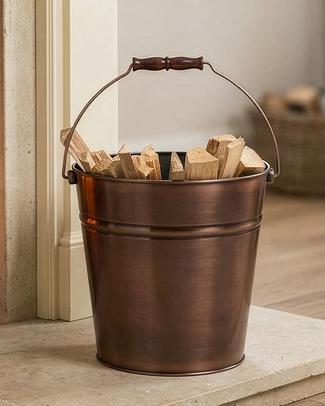 Copper Recycled Iron Log & Coal Storage - Brushed Copper Kindling Bucket
