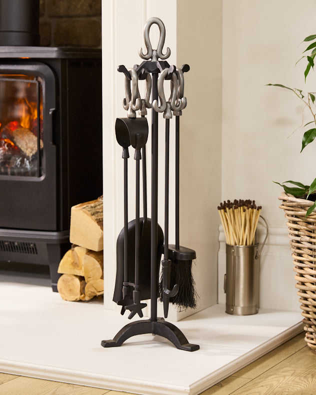 Black & Silver Recycled Iron Companion Sets - Freestanding Silver Fireside Companion Set