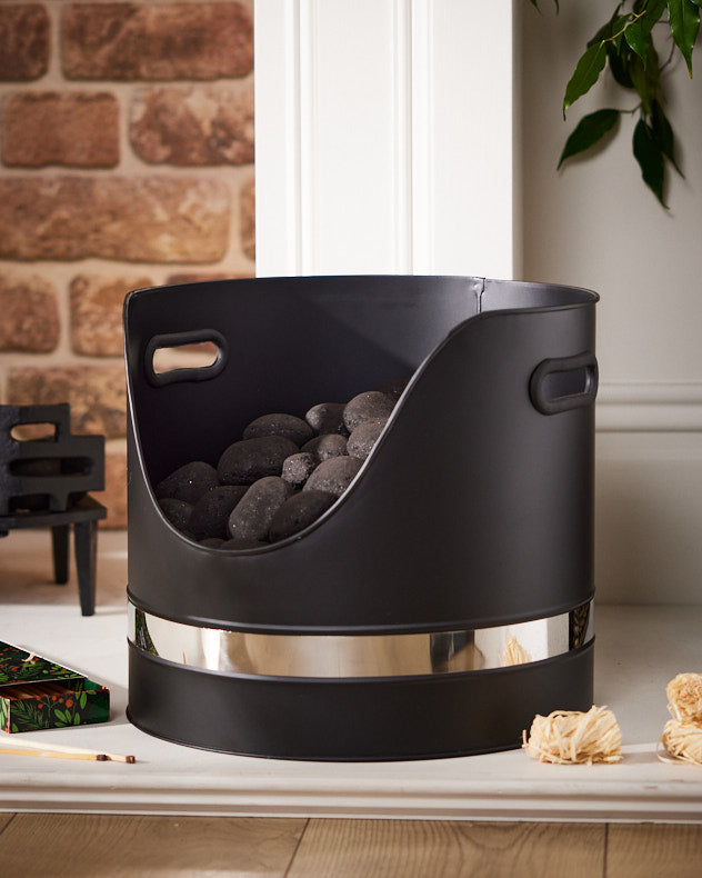 Black Recycled Iron Log & Coal Storage - Chrome Band Coal Bucket