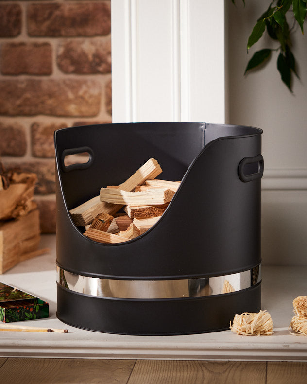 Black Recycled Iron Log & Coal Storage - Chrome Band Kindling Bucket