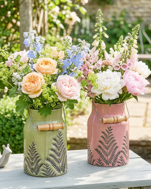 Green Pink & Green Ceramic Vases - Glazed Fern Ceramic Churn Vases