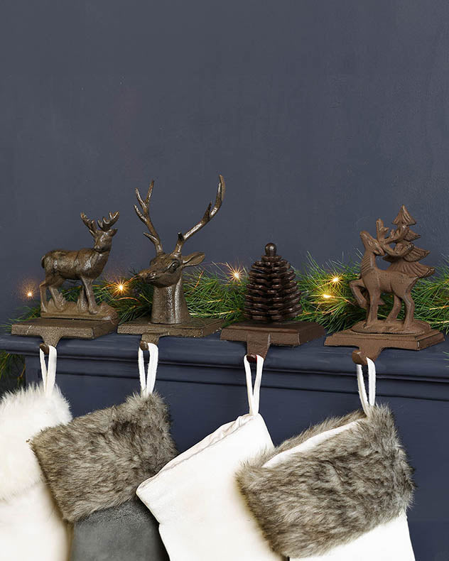 Cast Iron Christmas Stocking Holder Woodland Mantel Reindeer Pine Cone Weighted Mantelpiece Windowsill Christmas Stocking Hanger Hook