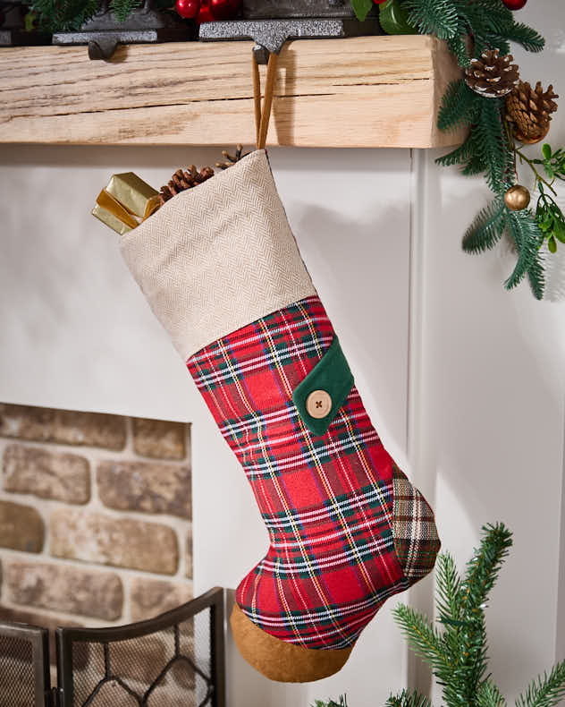 Red & Green & Brown Poly blend fabric Stockings - Red Tartan Patchwork Stocking