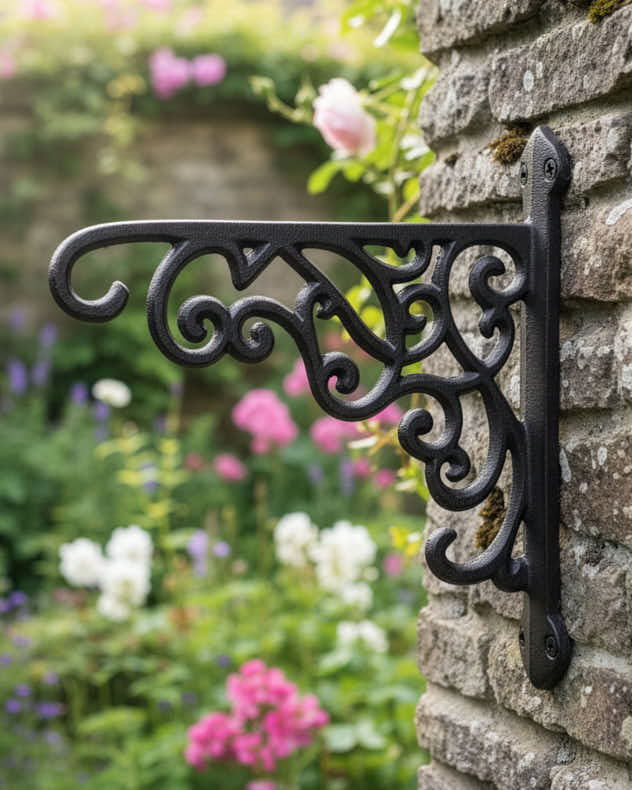 Brown Recycled Iron Brackets - Set of Two Scrolled Hanging Basket Bracket