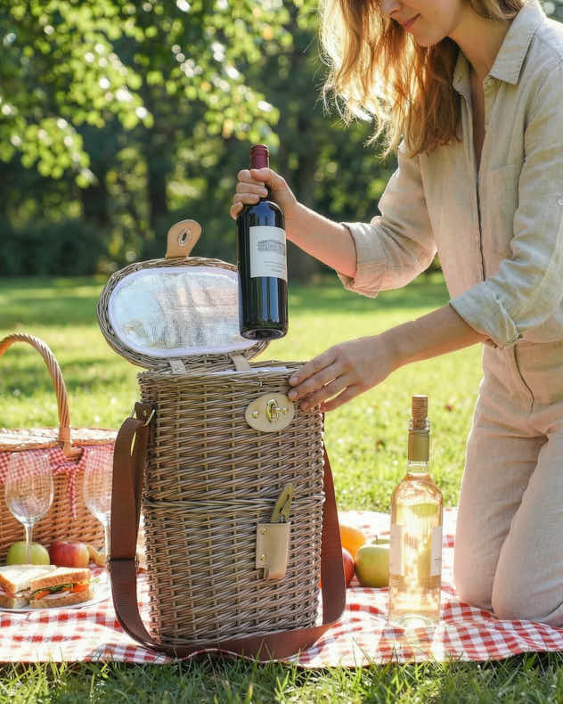 Wicker Two Bottle Carrier with Canvas Carry Strap