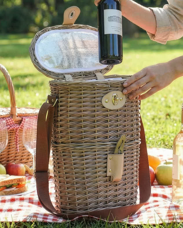 Natural Wicker Baskets - Wicker Two Bottle Carrier with Canvas Carry Strap