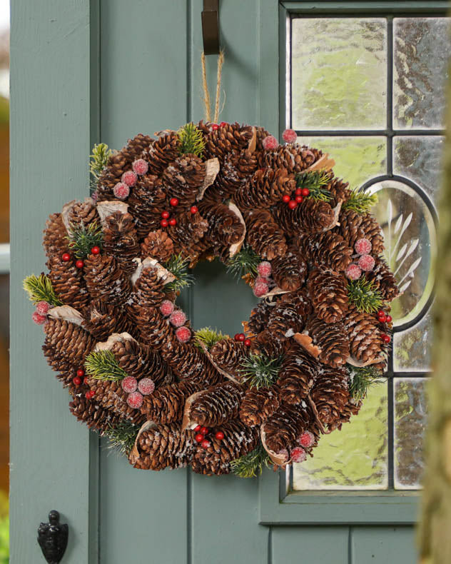 Brown & Red Pinecone Wreaths - Frosted Berries Christmas Wreath 36cm