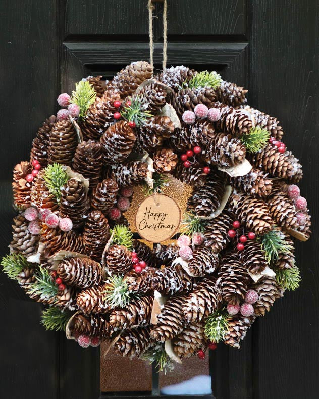 Brown & Red Pinecone Wreaths - Personalised Frosted Berries Wreath 36cm