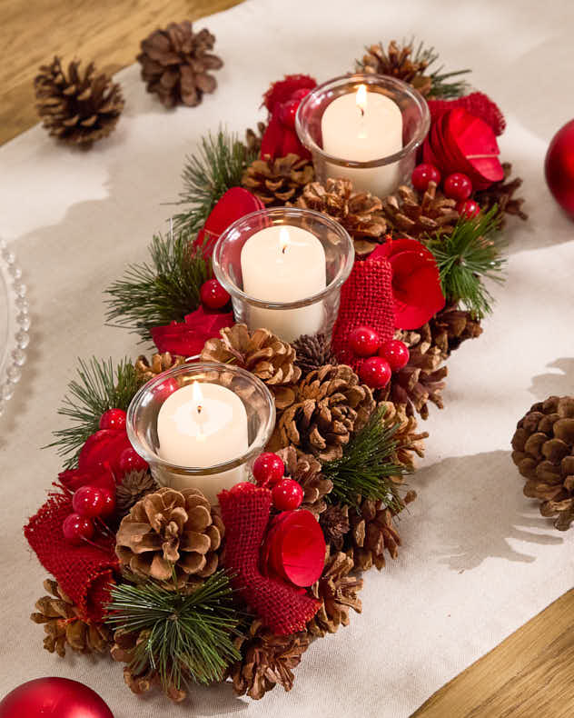 Pinecone &amp; Glass Candle Holders - Red Rose Christmas Trio Candle Holder