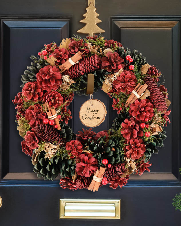 Red & Green & Brown Pinecone & Wood Wreaths - Personalised Cinnamon Pine Christmas Wreath 38cm