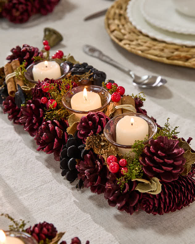 Red & Green Wood & Glass & Pinecone Tea Light Holders - Cinnamon Pine Tea Light Holder Trio