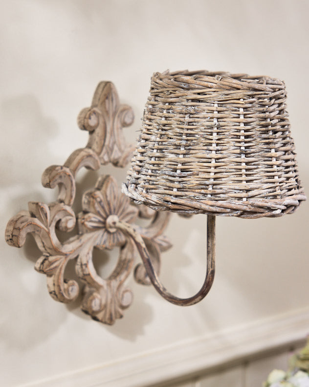 Ornate Wall Light with Rattan Lampshade