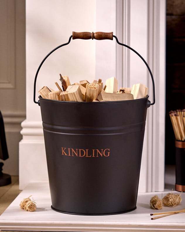 Black Recycled Iron Log &amp; Coal Storage - Black Kindling Bucket