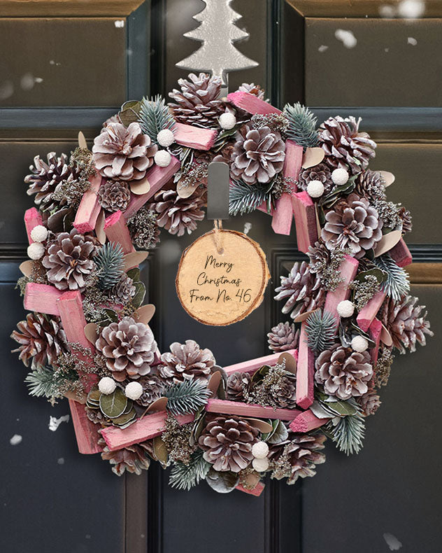 Pink & Brown & Green & White Wood & Pinecone Wreaths - Personalised Festive Pink Frosted Wreath 33cm
