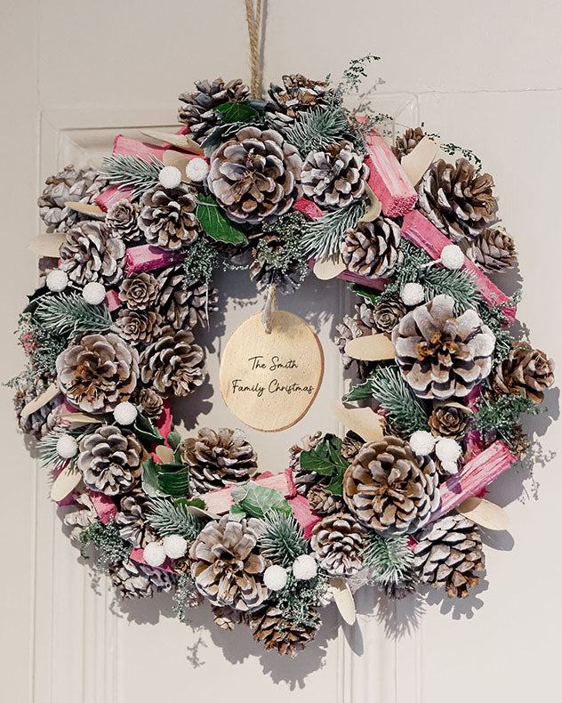 Wreaths - Personalised Festive Pink Frosted Wreath 33cm