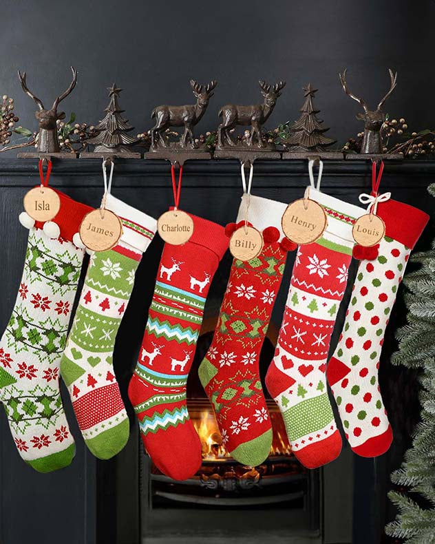 White Fairisle Red & White & Green  Stockings - Personalised Fair Isle Knitted Christmas Stocking