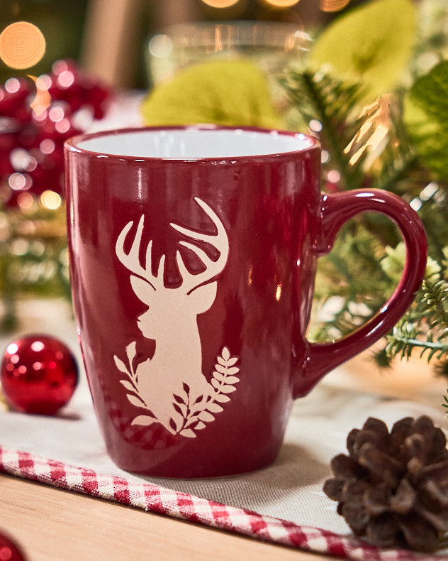 Set of 2 Red & White Stone Mugs & Coffee Cups - Cranberry Stag Mugs