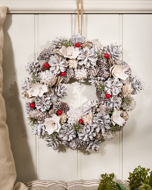 White Pinecone & Wood Wreaths - Indoor Red Velvet Berry Wreath