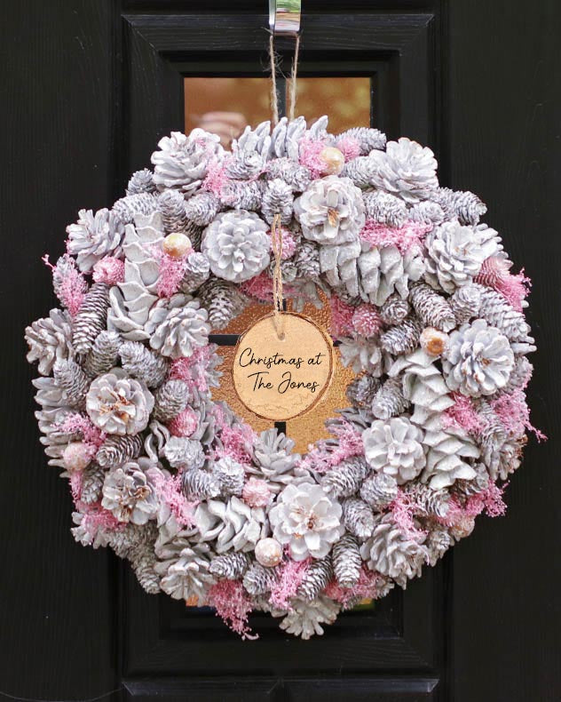 Pink & Grey Pinecone & Wood Wreaths - Personalised Silver & Pink Christmas Wreath