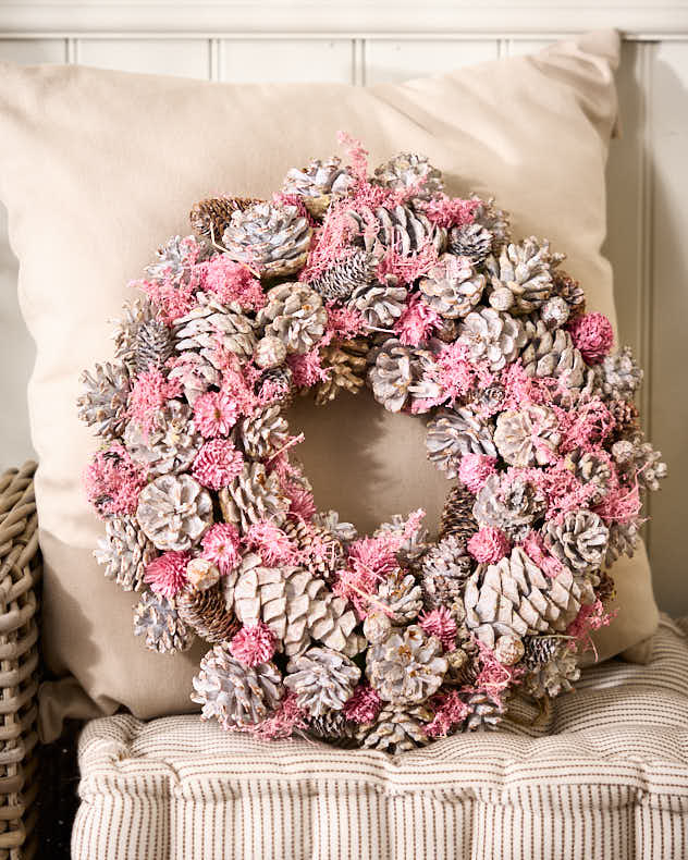 Pink & Silver & Grey Pinecone & Wood Wreaths - Indoor Silver & Pink Pinecone Wreath