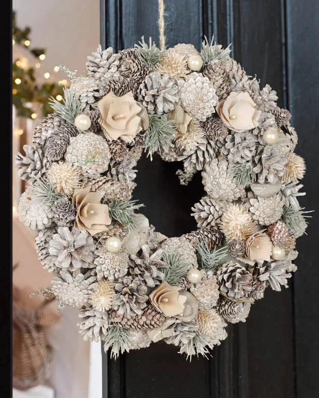 Frosted Flower & Pinecone Wreath on door