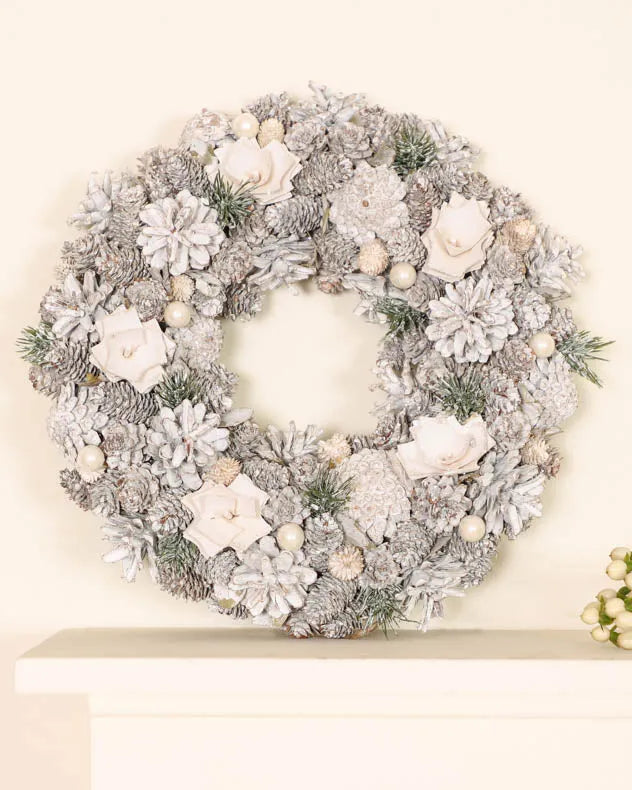 Frosted Flower & Pinecone Wreath on mantel