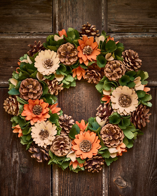 Green & Brown & Orange Wood Wreaths - Wood Floral and Pine Centrepiece