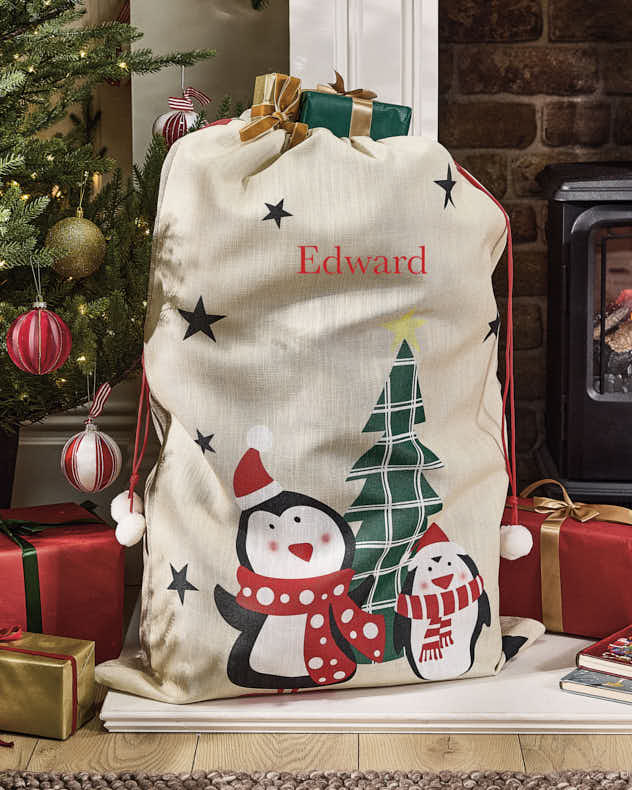 Multi-colour Polyester Gift Sack - Personalised Penguins Christmas Sack