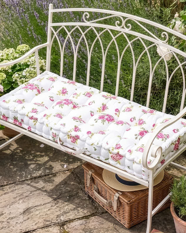 Pink & White & Green 100% Cotton & Polyester Bench Cushions - Helmsley Blush Garden Bench Cushion