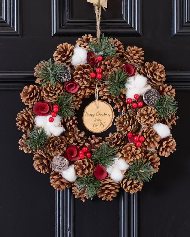 Red & White & Brown Wood & Pinecone Wreaths - Personalised Snowfall Christmas Wreath 36cm