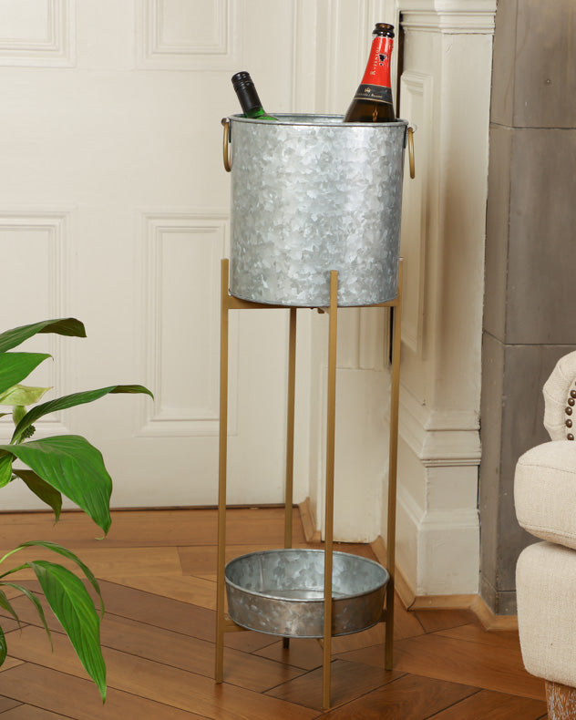 Galvanised Zinc Ice Bucket on Stand with Tray