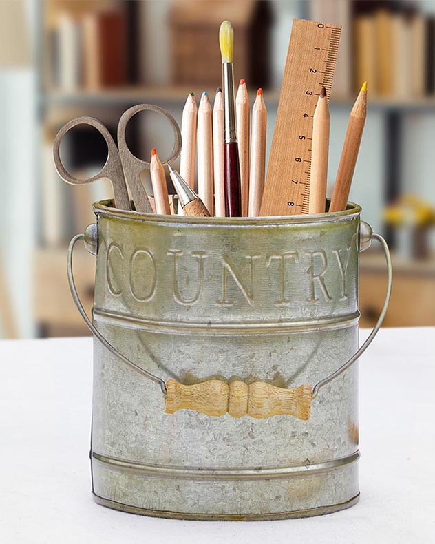 Aged Zinc Desk Caddy Pot