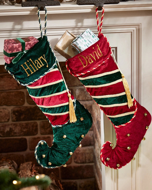 Green Red & Green & Gold Velvet Stockings - Velvet Boot Personalised Stocking