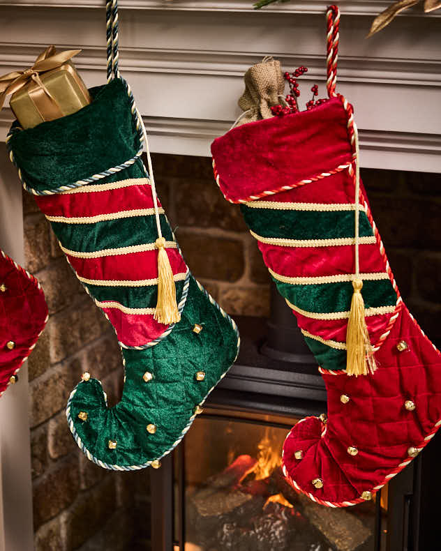 Green Green & Red & Gold Velvet Stockings - Luxury Jingle Bell Christmas Stocking