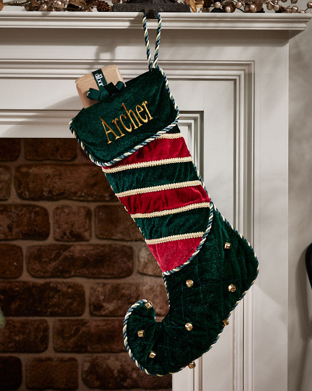 Green Velvet Stockings - Personalised Jingle Bell Green Christmas Stocking
