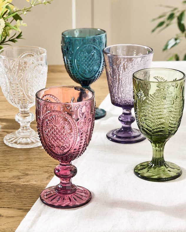 Set Of Four Vintage Embossed Coloured Wine Glasses