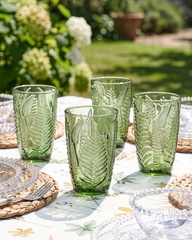Embossed Green Leaf Highball Glasses