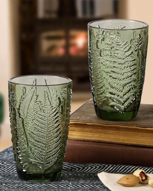 Embossed Green Leaf Highball Glasses