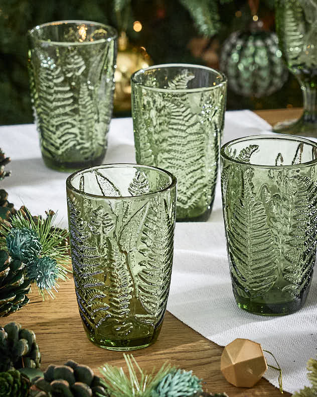 Embossed Green Leaf Highball Glasses