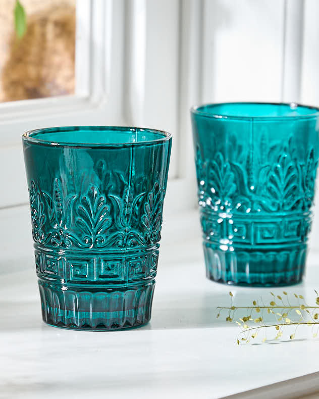 Set of Two Teal Embossed Glasses