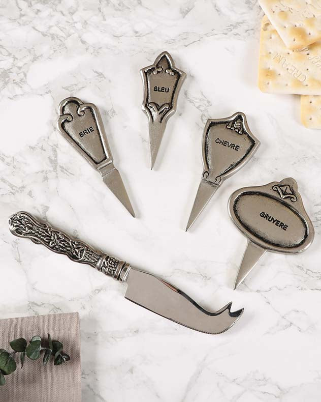 Set of 4 Silver French Cheese Markers and Cheese Knife