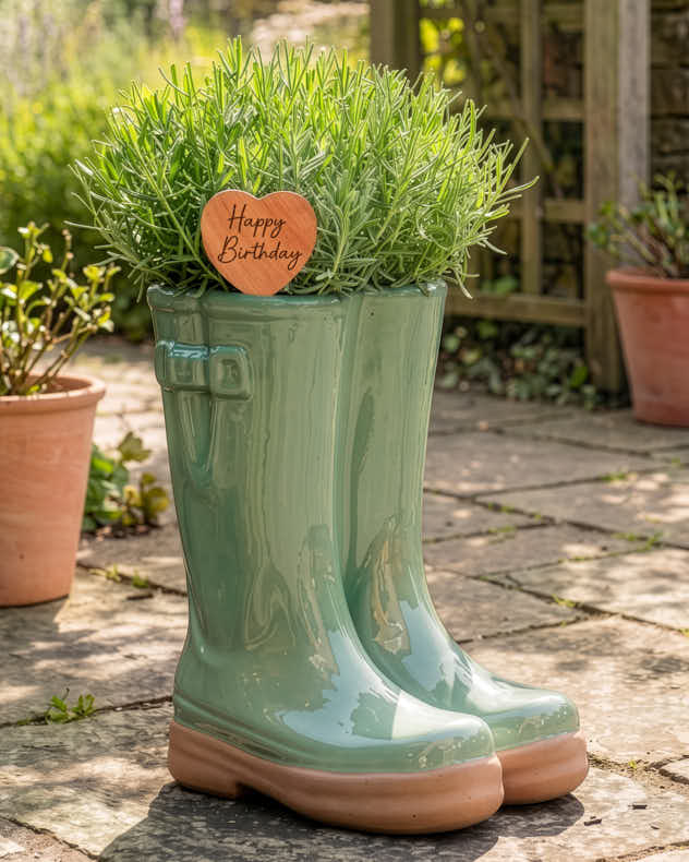 Green Welly Boot Planter with Personalised Marker