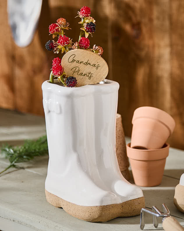 Jardinière en céramique en forme de botte avec marqueur personnalisé