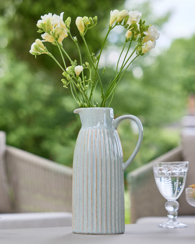 Blue Ceramic Vases - Tall Ribbed Blue Pitcher Jug Vase