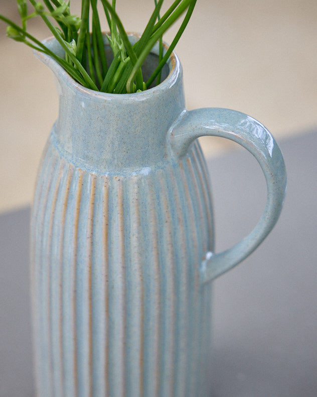 Vases - Tall Ribbed Blue Pitcher Jug Vase