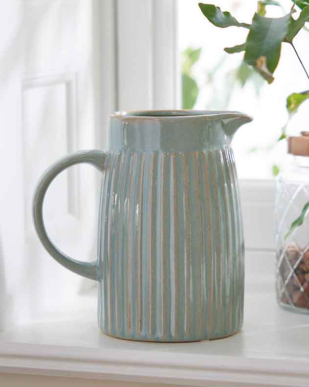 Vases - Ribbed Blue Pitcher Jug Vase