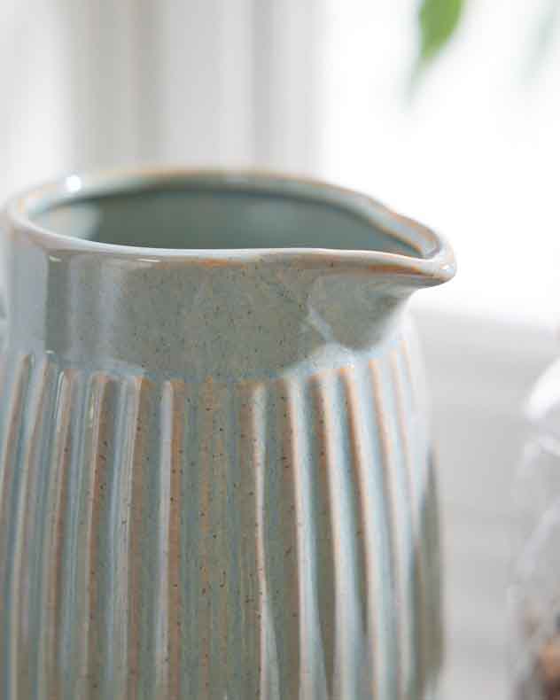 Vases - Ribbed Blue Pitcher Jug Vase