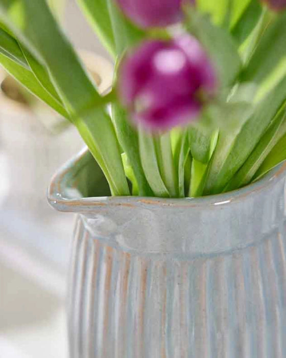 Ribbed Blue Pitcher Jug Vase closeup