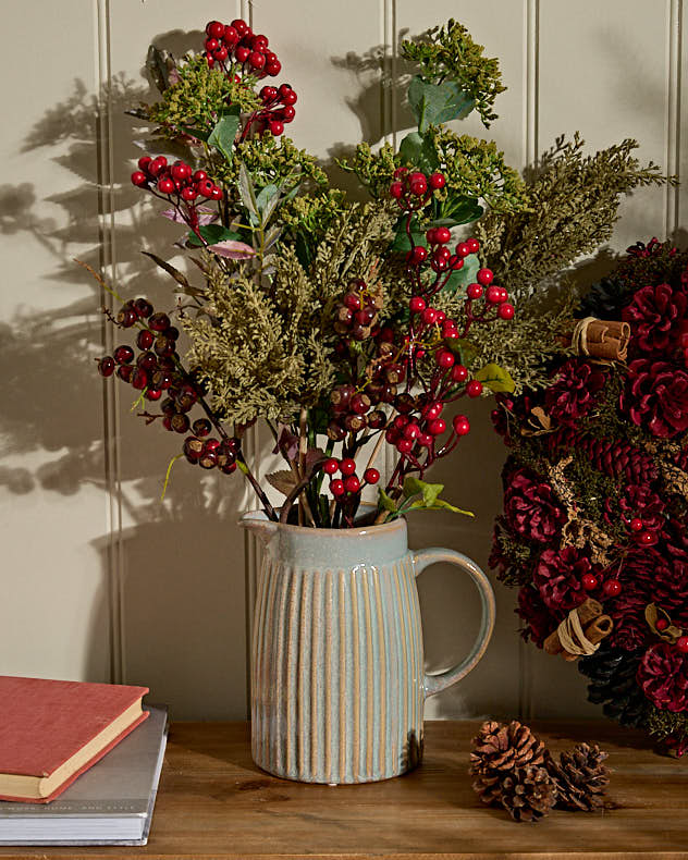 Small Ribbed Blue Pitcher Jug Vase