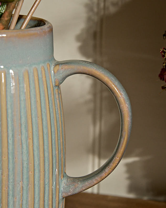 Small Ribbed Blue Pitcher Jug Vase